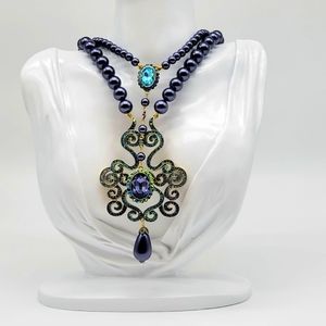 Heidi Daus Swarovski Crystal Large Swirl Pendant with Layered Navy Pearls